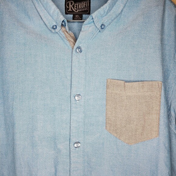 Retrofit Mens Button Up Short Sleeve Blue Shirt Gray Pocket Size XL - Picture 4 of 6